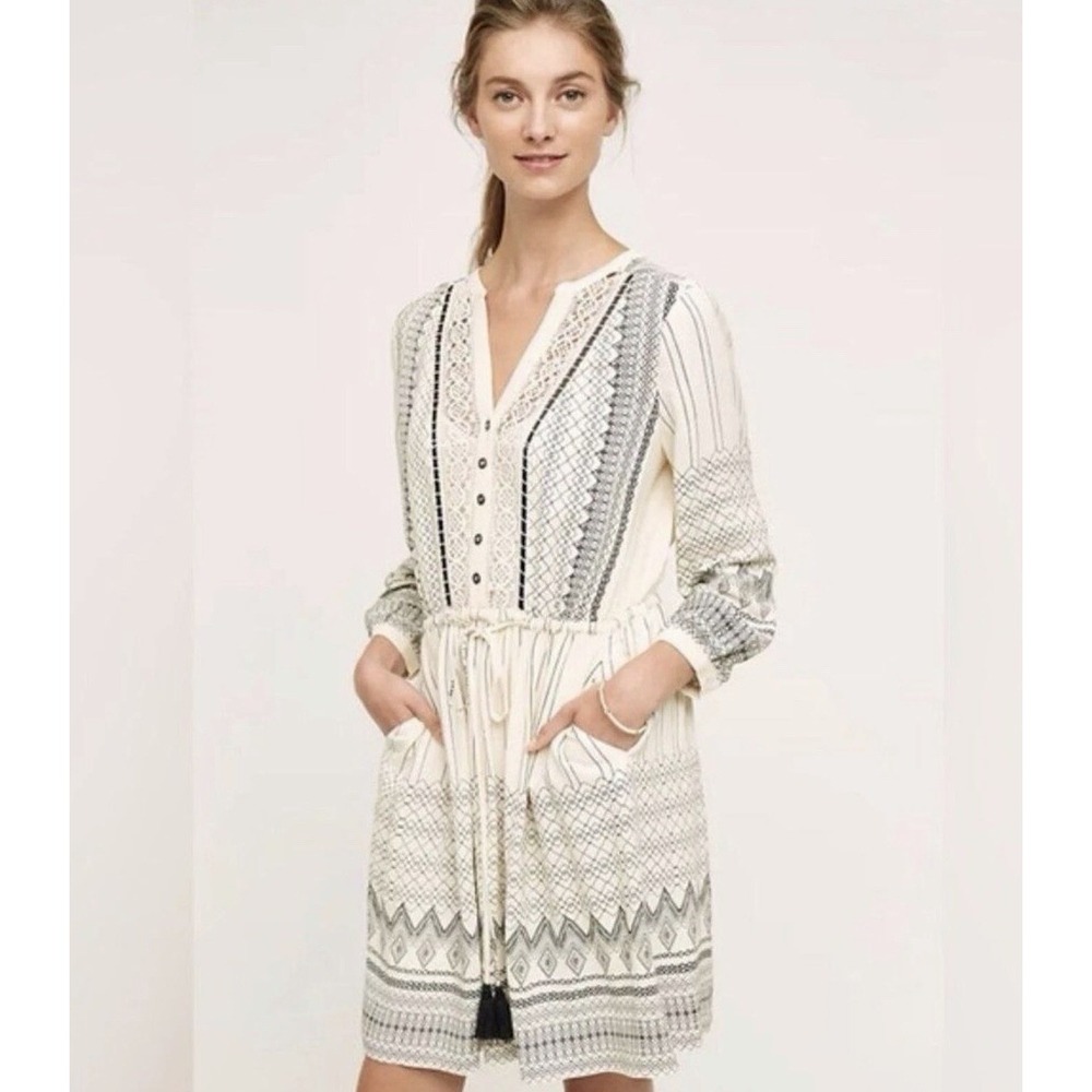 Floreat Anthropologie Pierre Ivory Tunic Dress Boho Crochet Pockets 14 $158